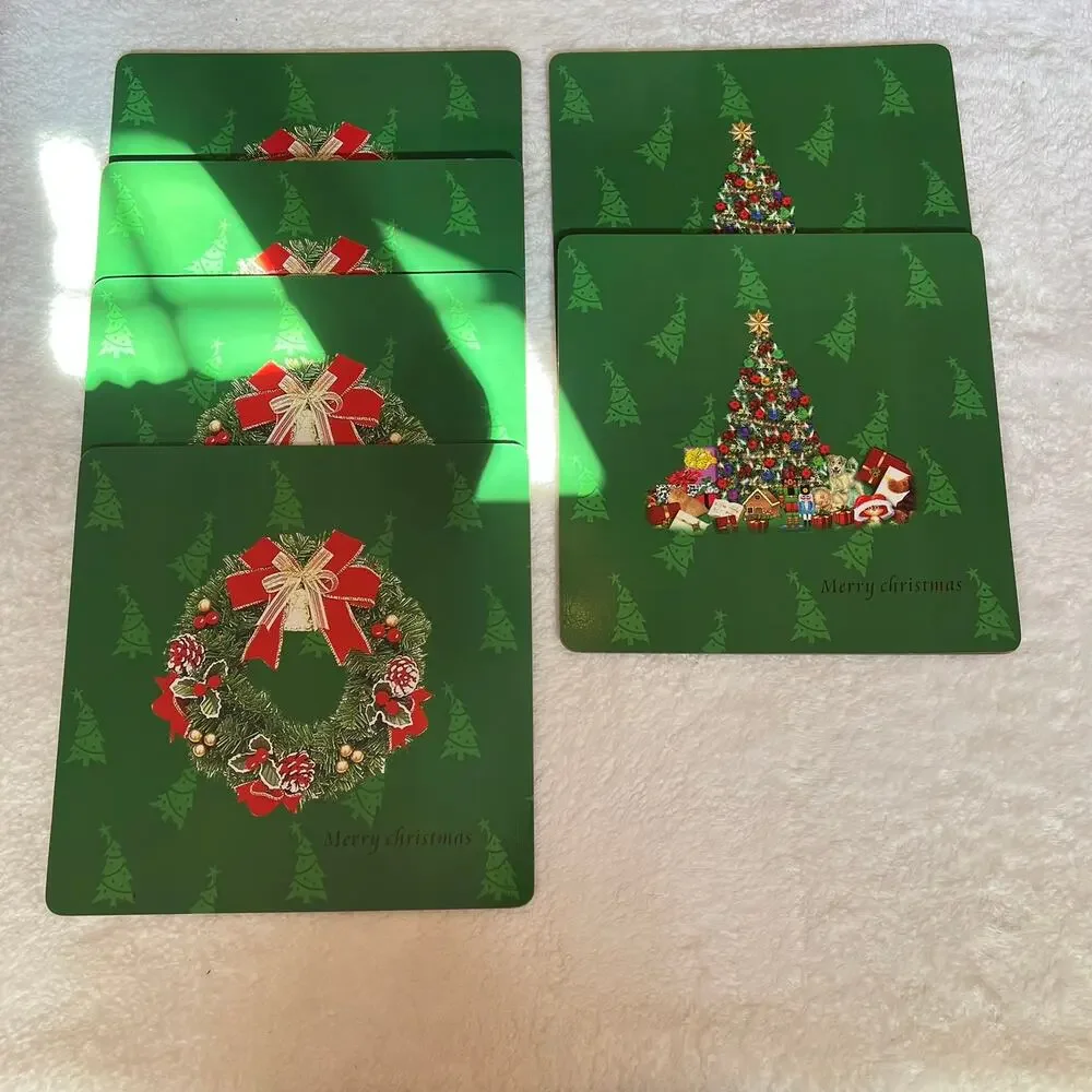 Set of 6 Christmas Tree &‎ Wreath Cork Placemats Holiday Red & Green Dinner Mats